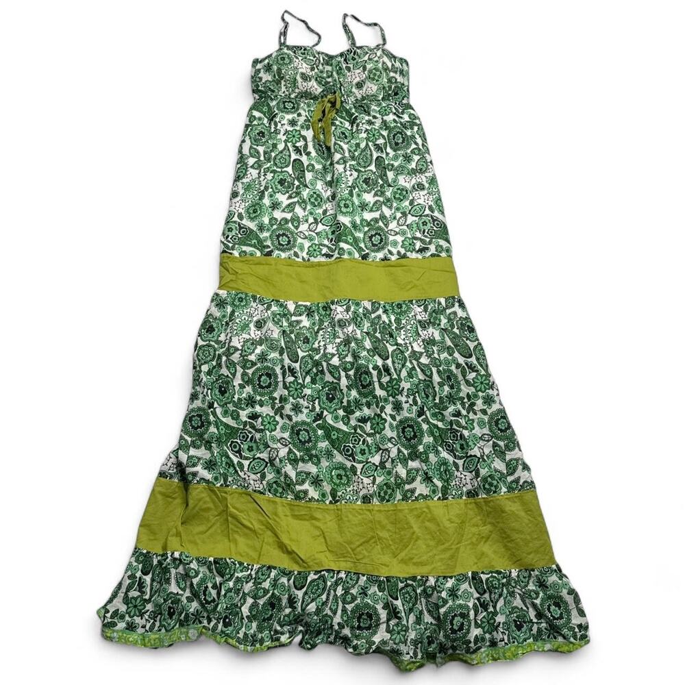 Tropical Summer Fairy core Green and white floral maxi dress yellow band size M - Picture 7 of 7